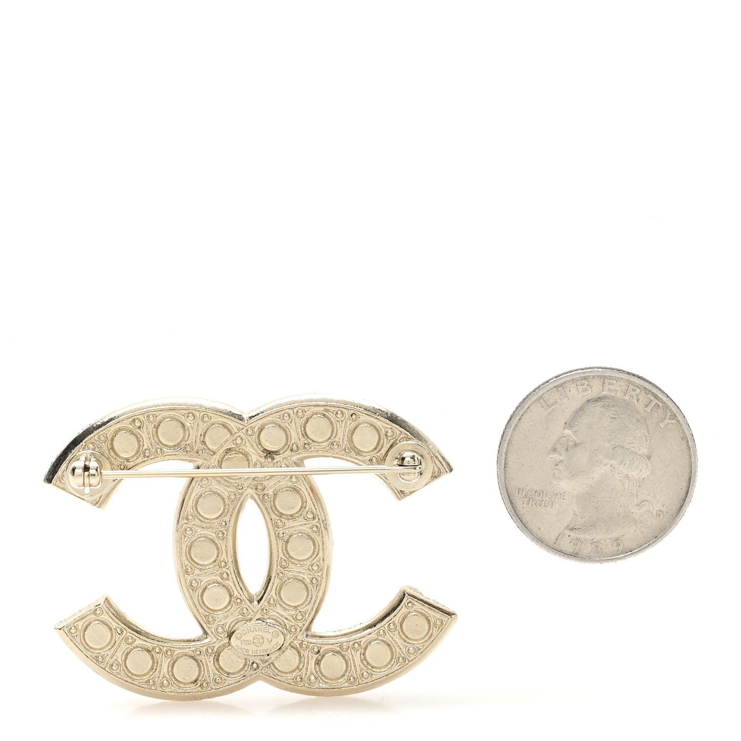 Metal Crystal Graduated Pearl CC Brooch Gold