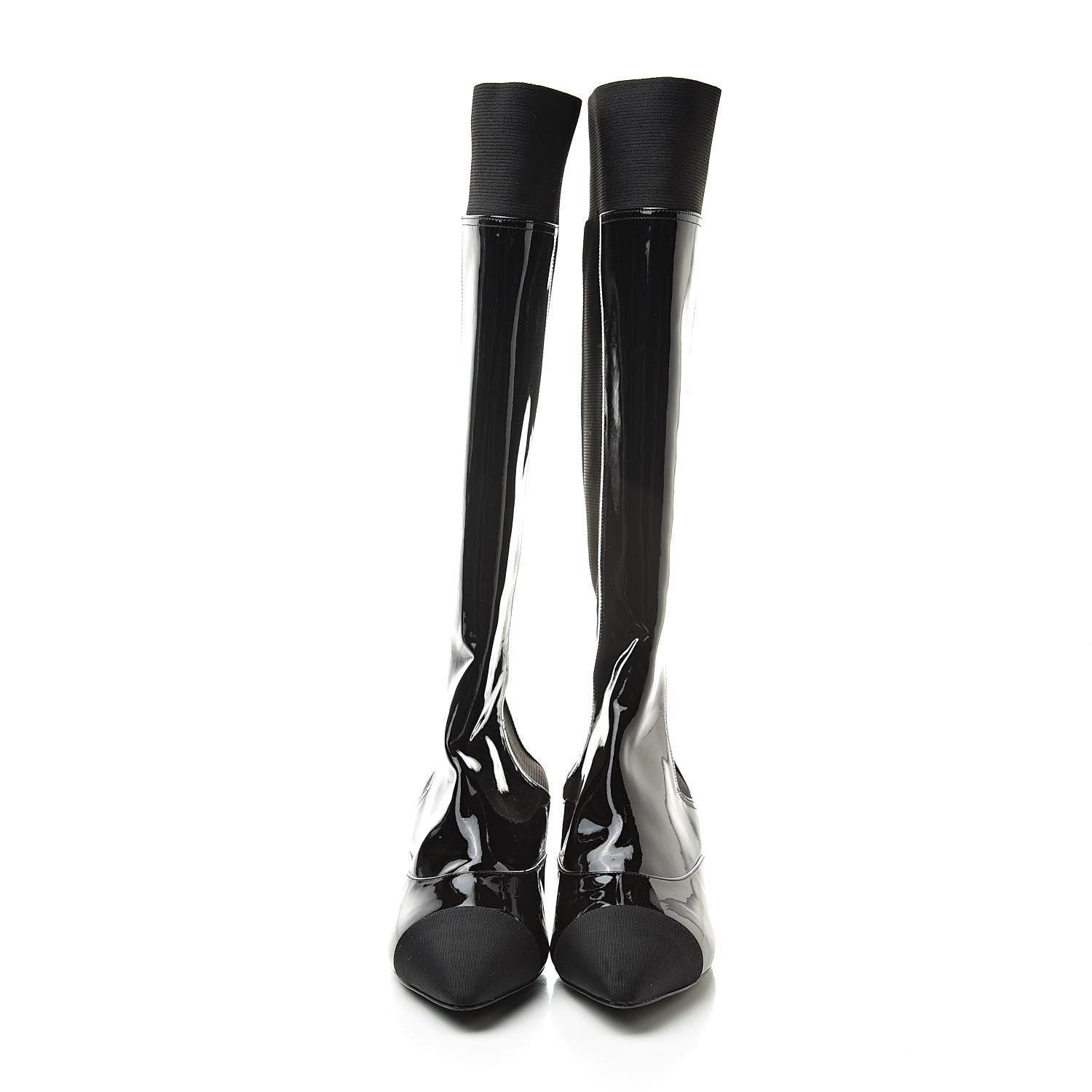 Chanel Patent Calfskin Grosgrain Cap Toe High Boots 37.5 Black 2 of 8