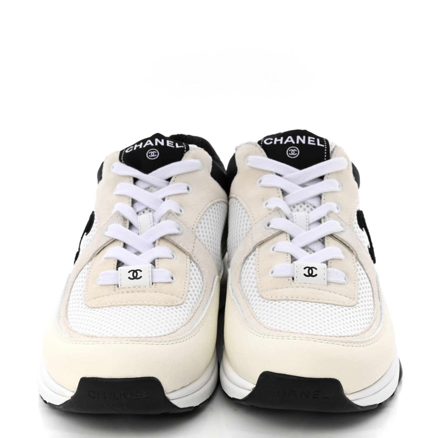 Chanel Mesh Suede Calfskin Grained Calfskin Womens CC Sneakers 40.5 White Black 2 of 10
