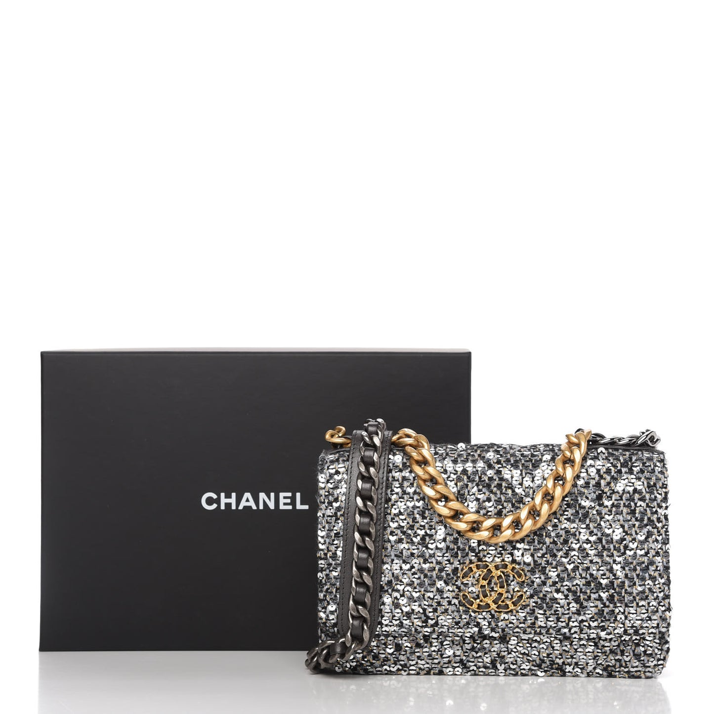 Sequin Quilted Chanel 19 Wallet On Chain WOC Silver