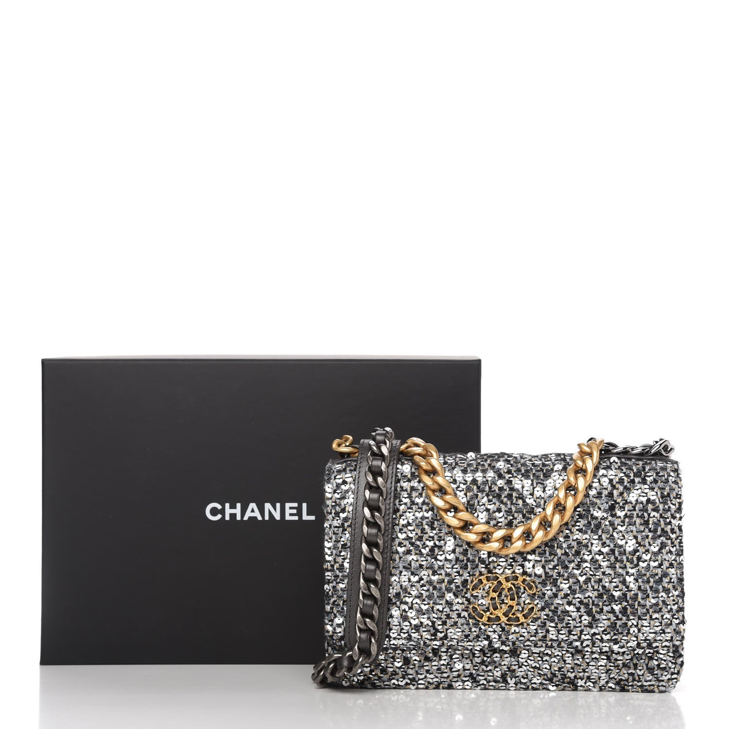 Chanel Sequin Quilted Chanel 19 Wallet On Chain WOC Silver 12 of 12