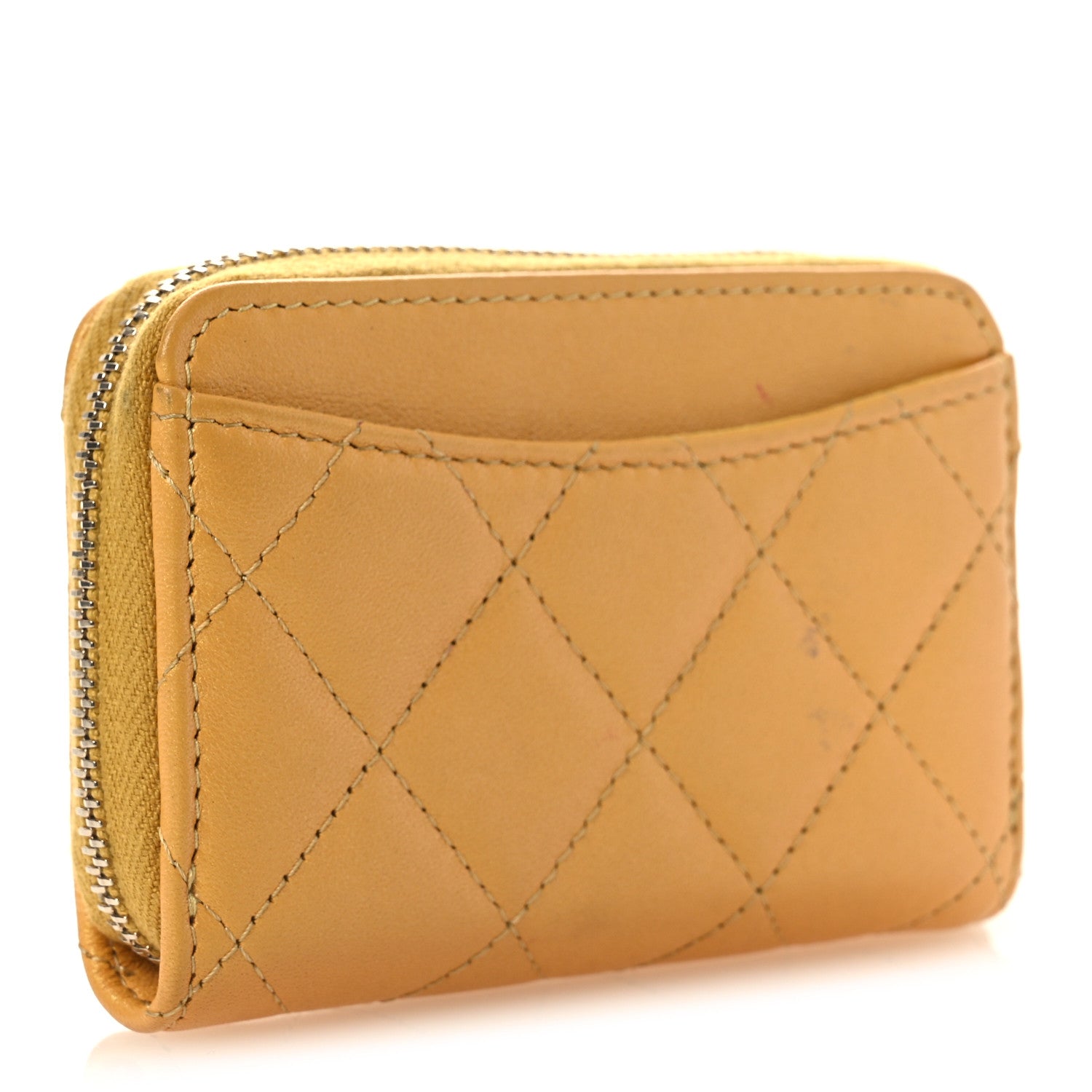 Chanel Metallic Lambskin Quilted Zip Around Coin Purse Wallet Yellow 3 of 10