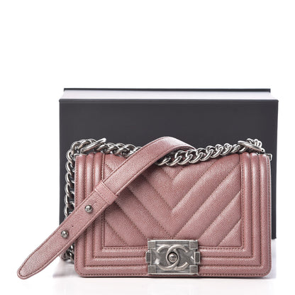 Chanel Metallic Caviar Chevron Quilted Small Boy Flap Dark Pink 10 of 10