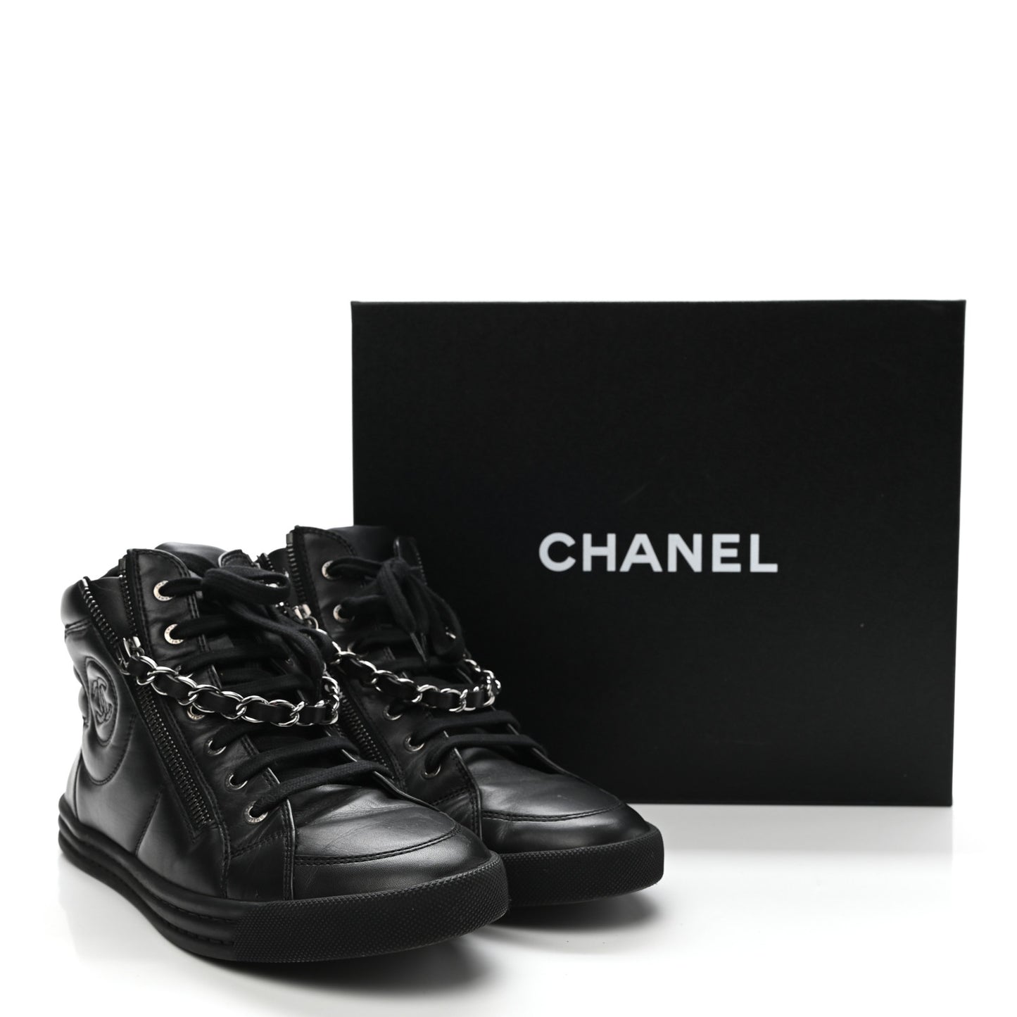 Lambskin Zipped Chain CC Sneakers 40.5 Black