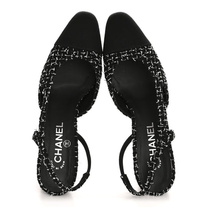 Chanel Tweed Grosgrain Cap Toe CC Slingback Pumps 39 Black White 2 of 11