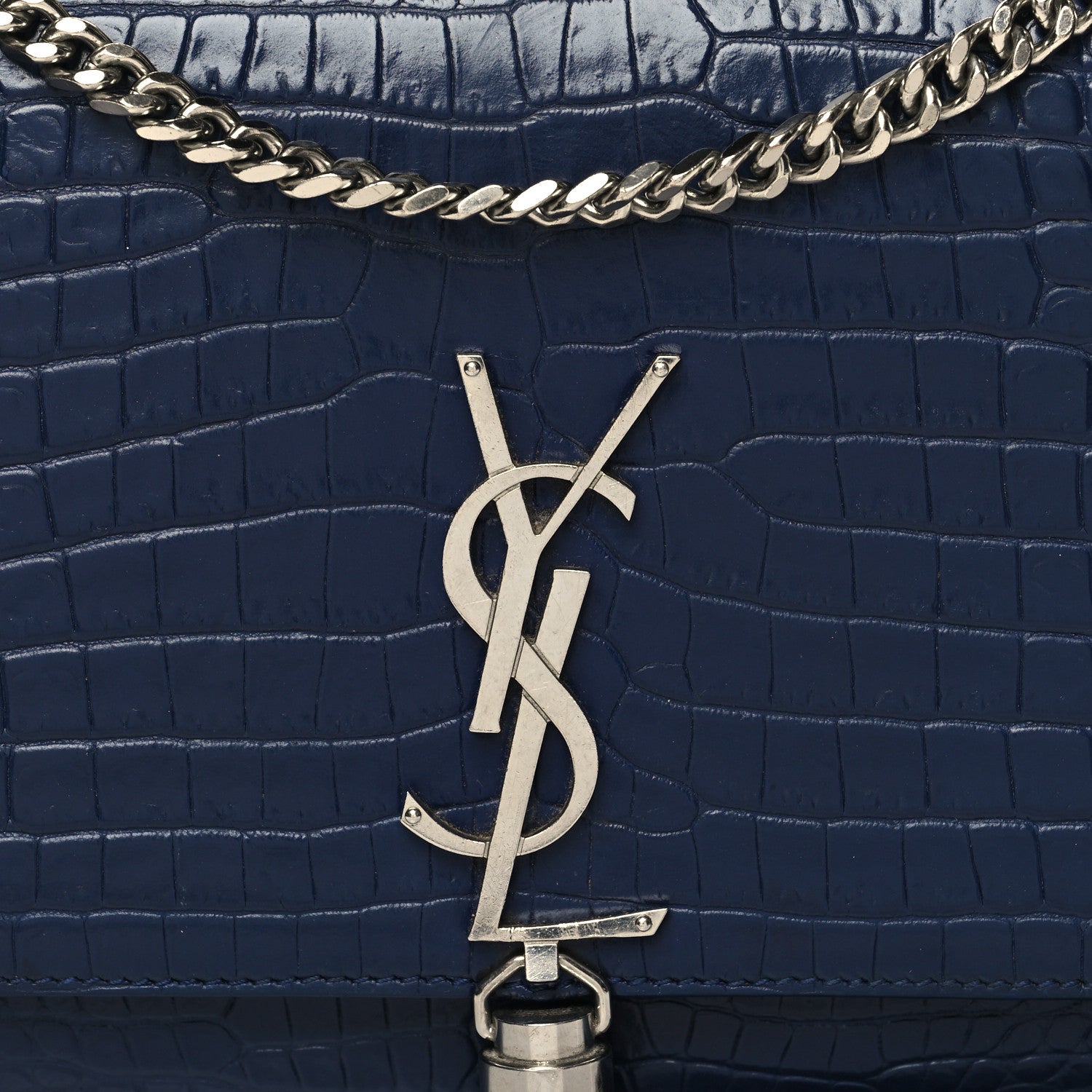 Saint Laurent Calfskin Crocodile Embossed Medium Classic Monogram Kate Tassel Satchel Deep Marine 7 of 11