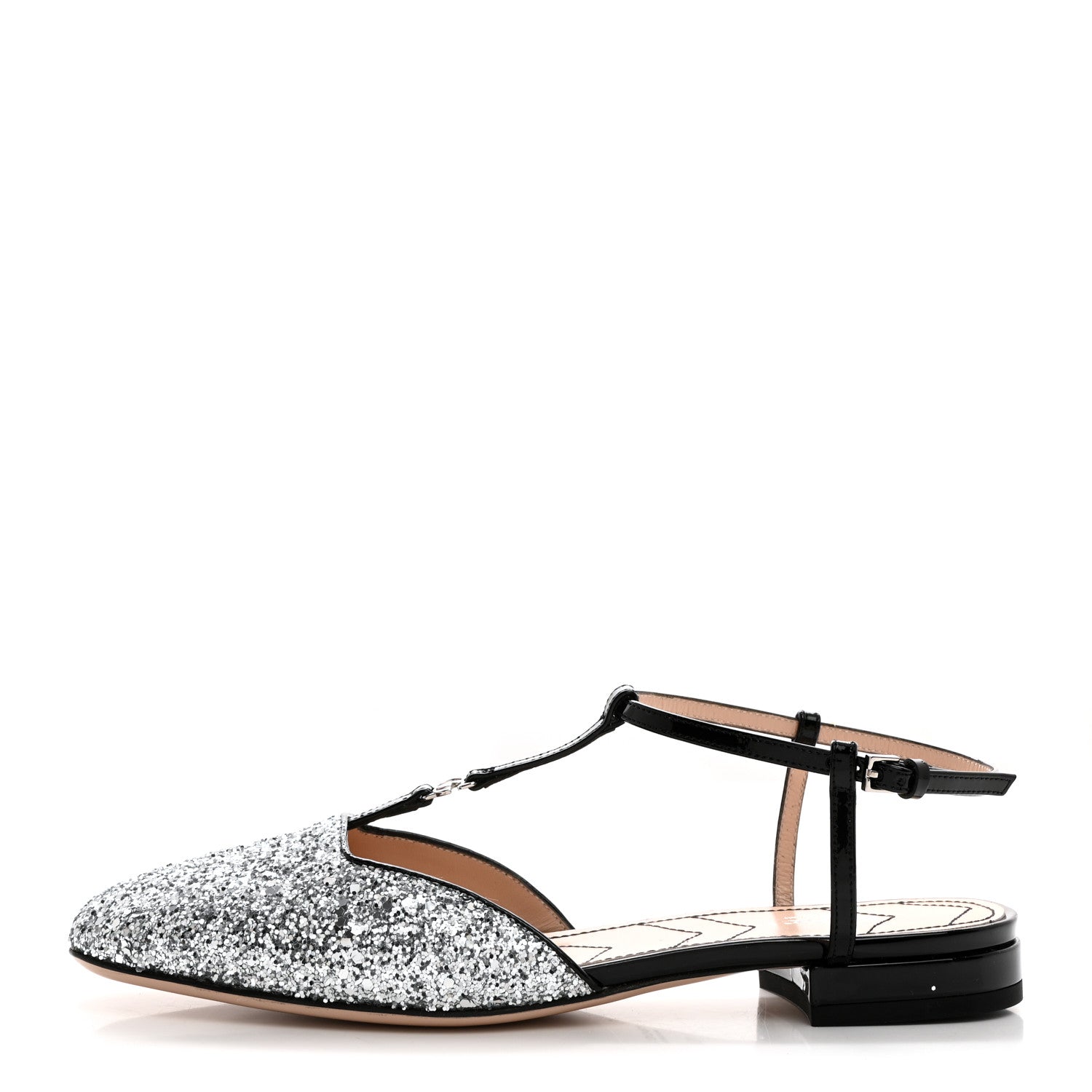 Gucci Calfskin Glitter Double G Slingback Flats 37 Silver Black 1 of 8