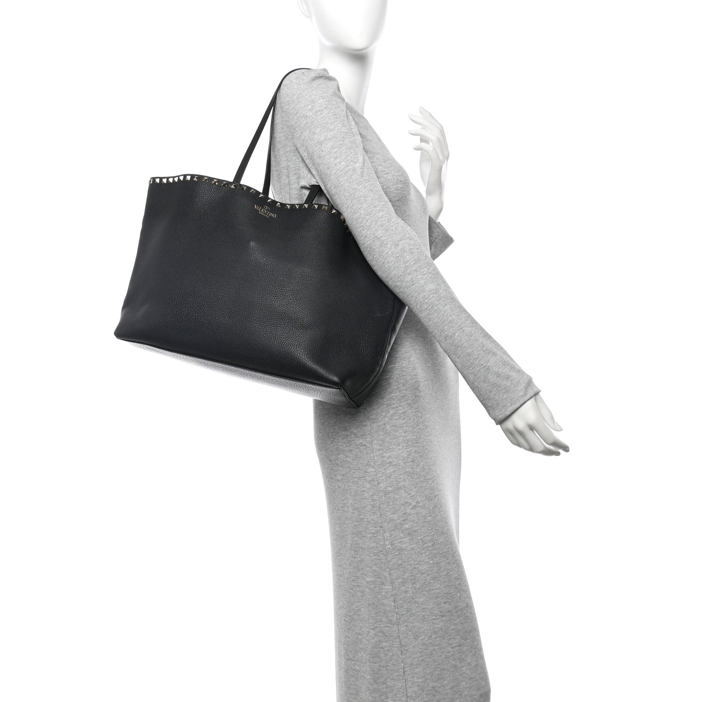 Grained Calfskin Rockstud Shoulder Tote Black