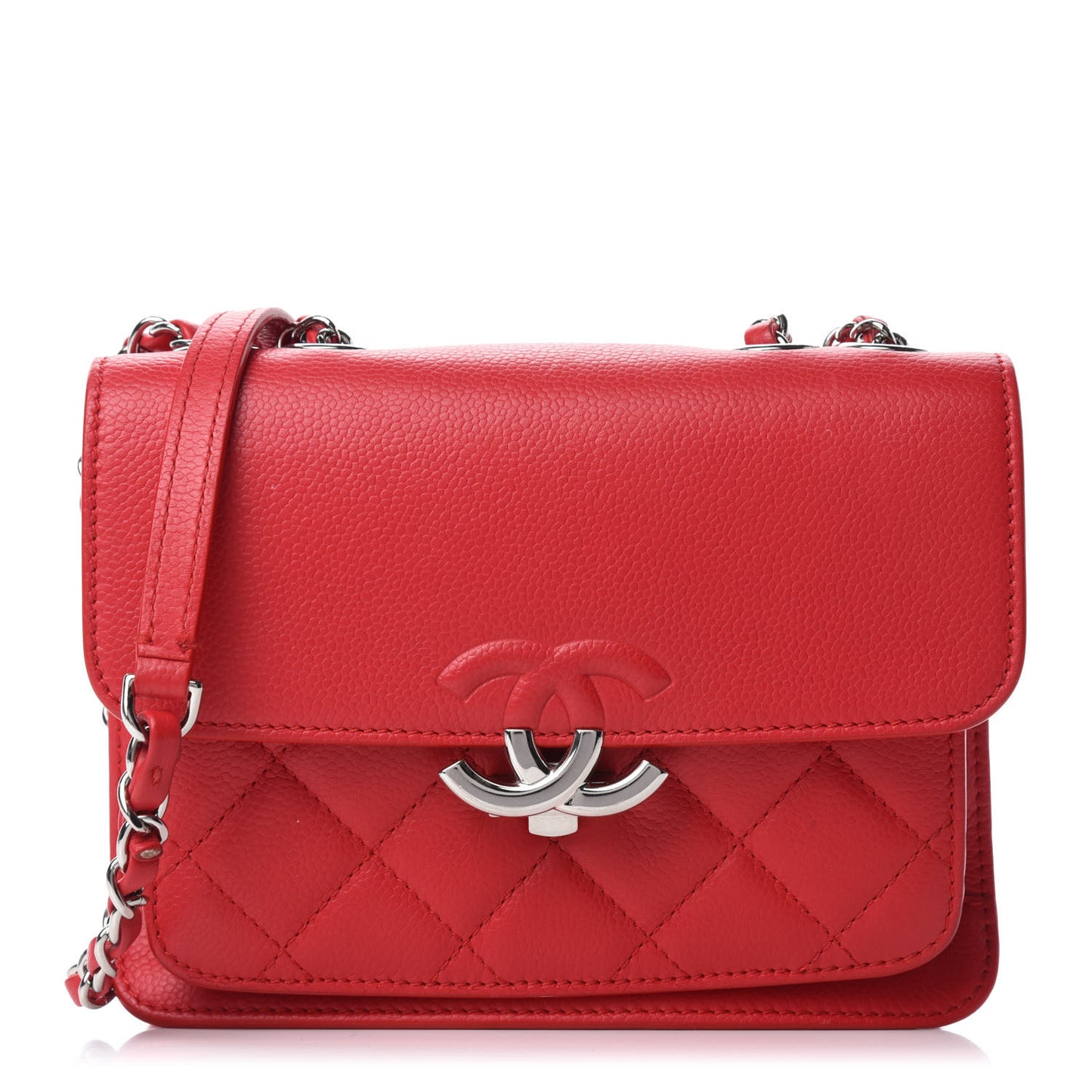 Grained Calfskin Quilted Small CC Box Flap Red