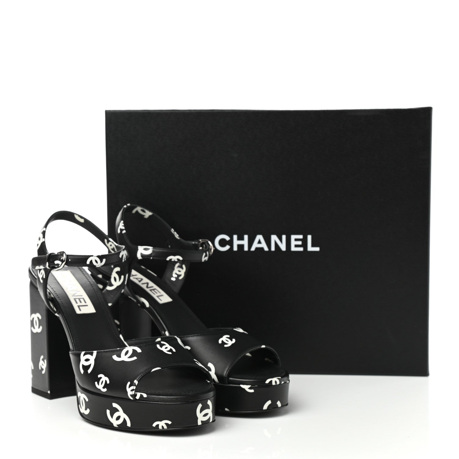Chanel Printed Lambskin CC Platform Sandals 39 Black White 9 of 9