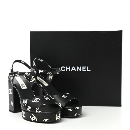 Chanel Printed Lambskin CC Platform Sandals 39 Black White 9 of 9