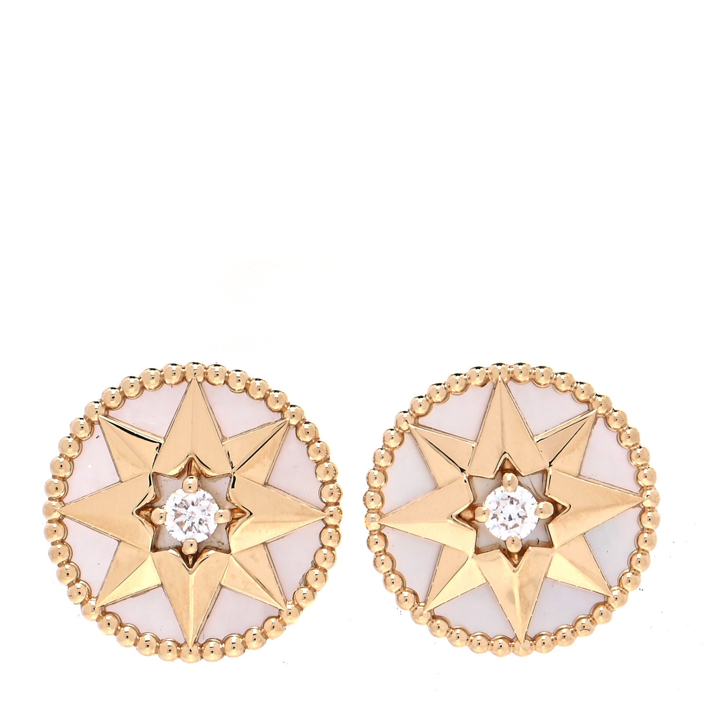 18K Yellow Gold Diamond Mother of Pearl Large Rose Des Vents Earrings