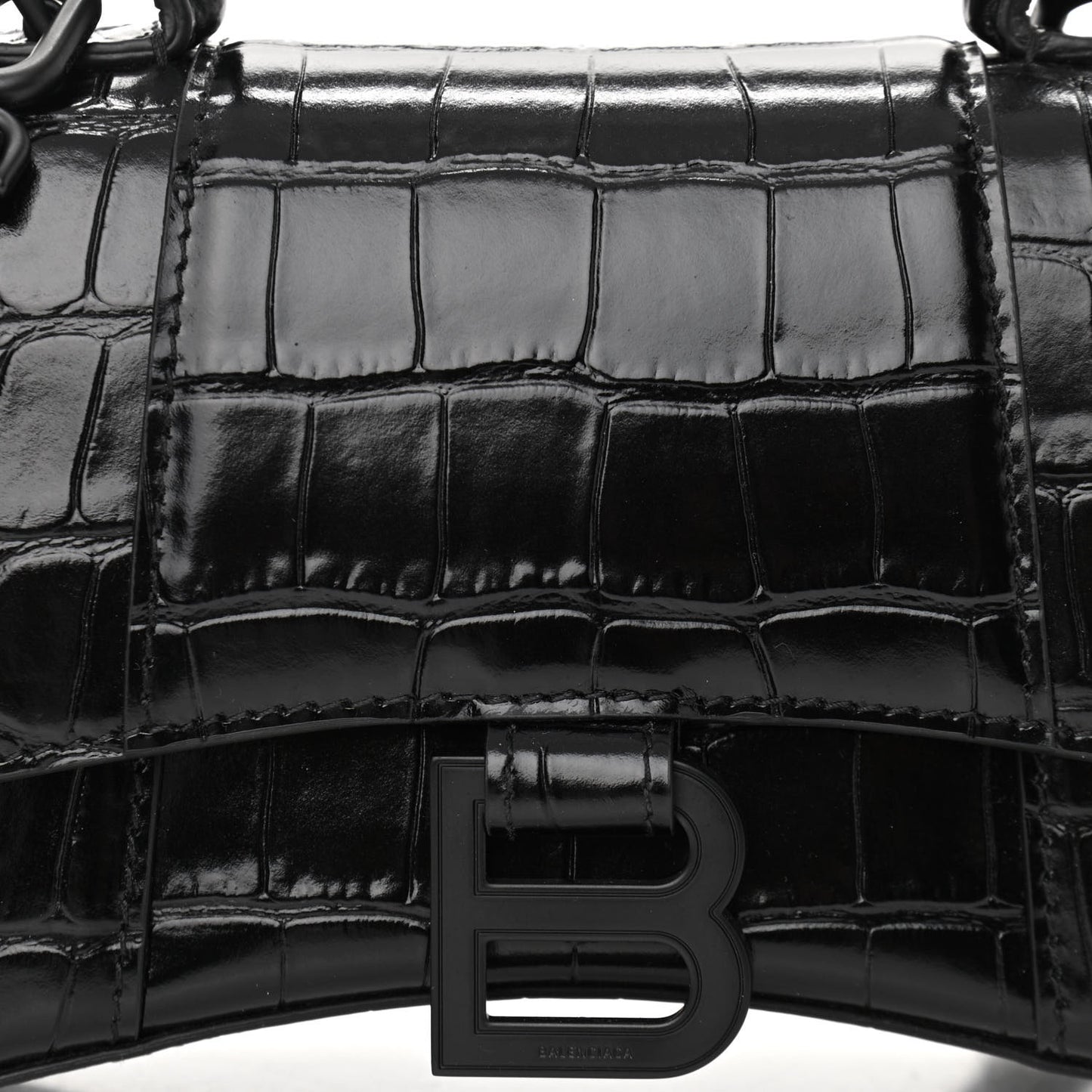 Shiny Calfskin Monochrome Crocodile Embossed Hourglass Top Handle Bag XS Black