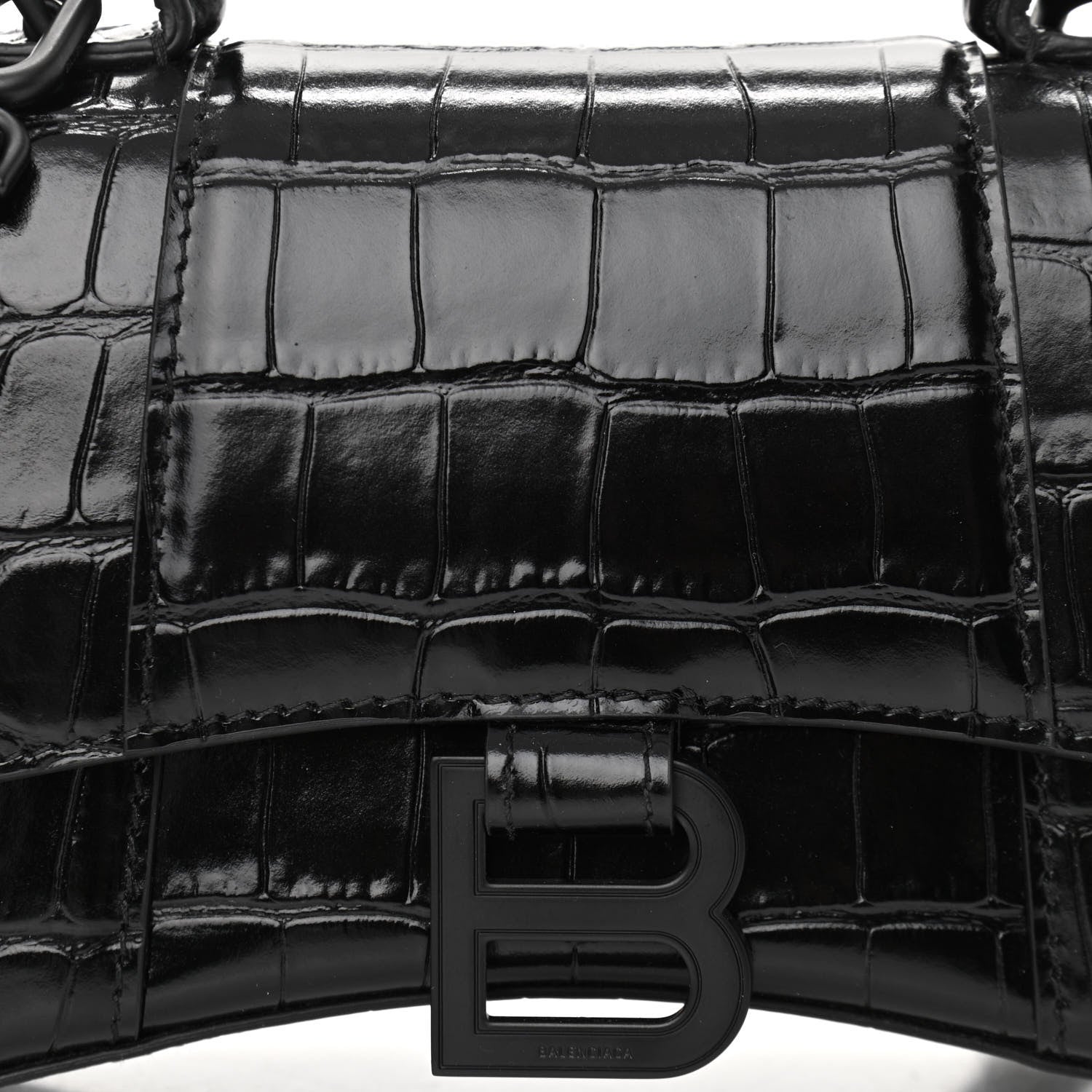 Balenciaga Shiny Calfskin Monochrome Crocodile Embossed Hourglass Top Handle Bag XS Black 8 of 10