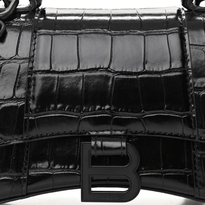 Balenciaga Shiny Calfskin Monochrome Crocodile Embossed Hourglass Top Handle Bag XS Black 8 of 10