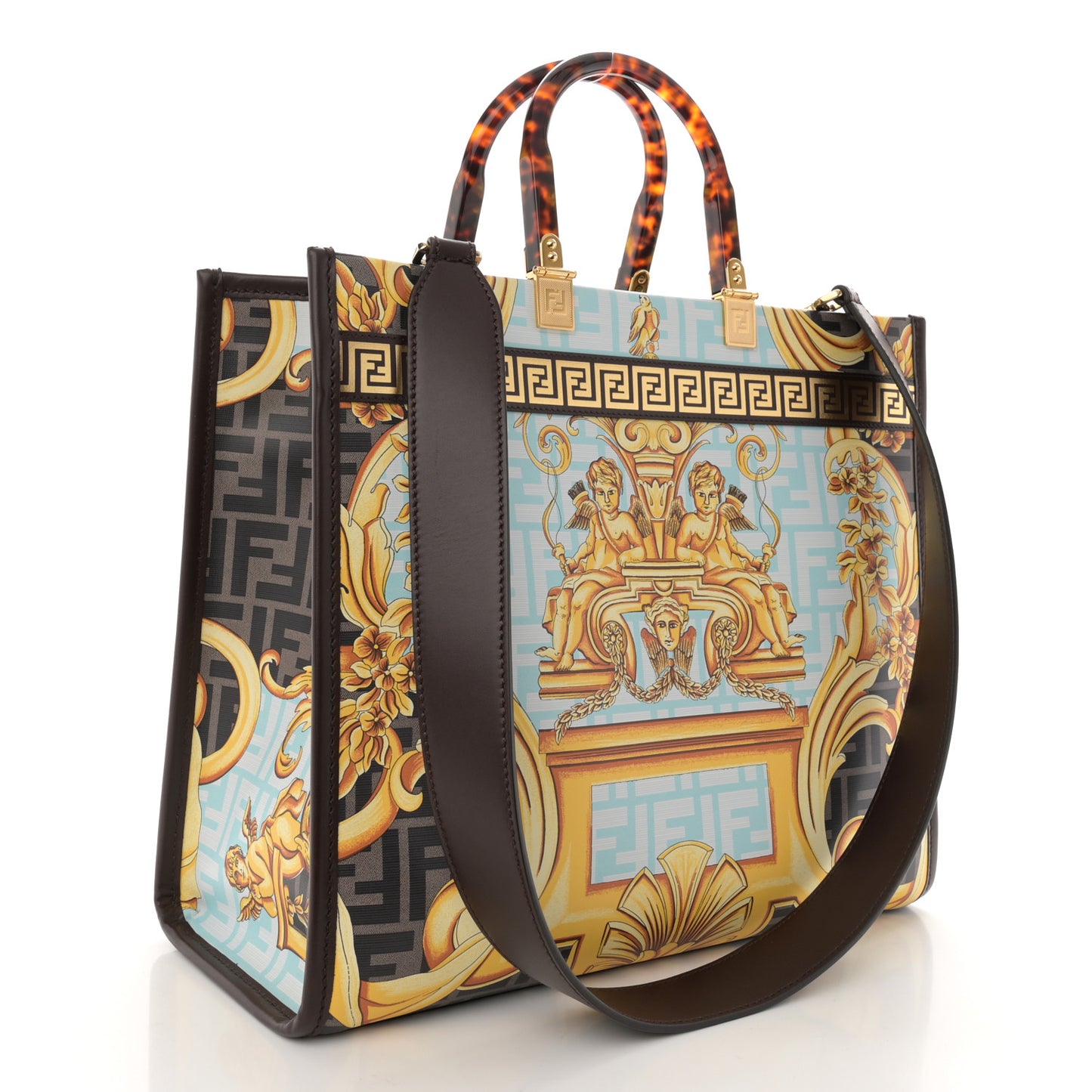X VERSACE Calfskin Plexiglass Fendace FF Baroque Print Medium Fendi Sunshine Shopper Tote Gold Multicolor