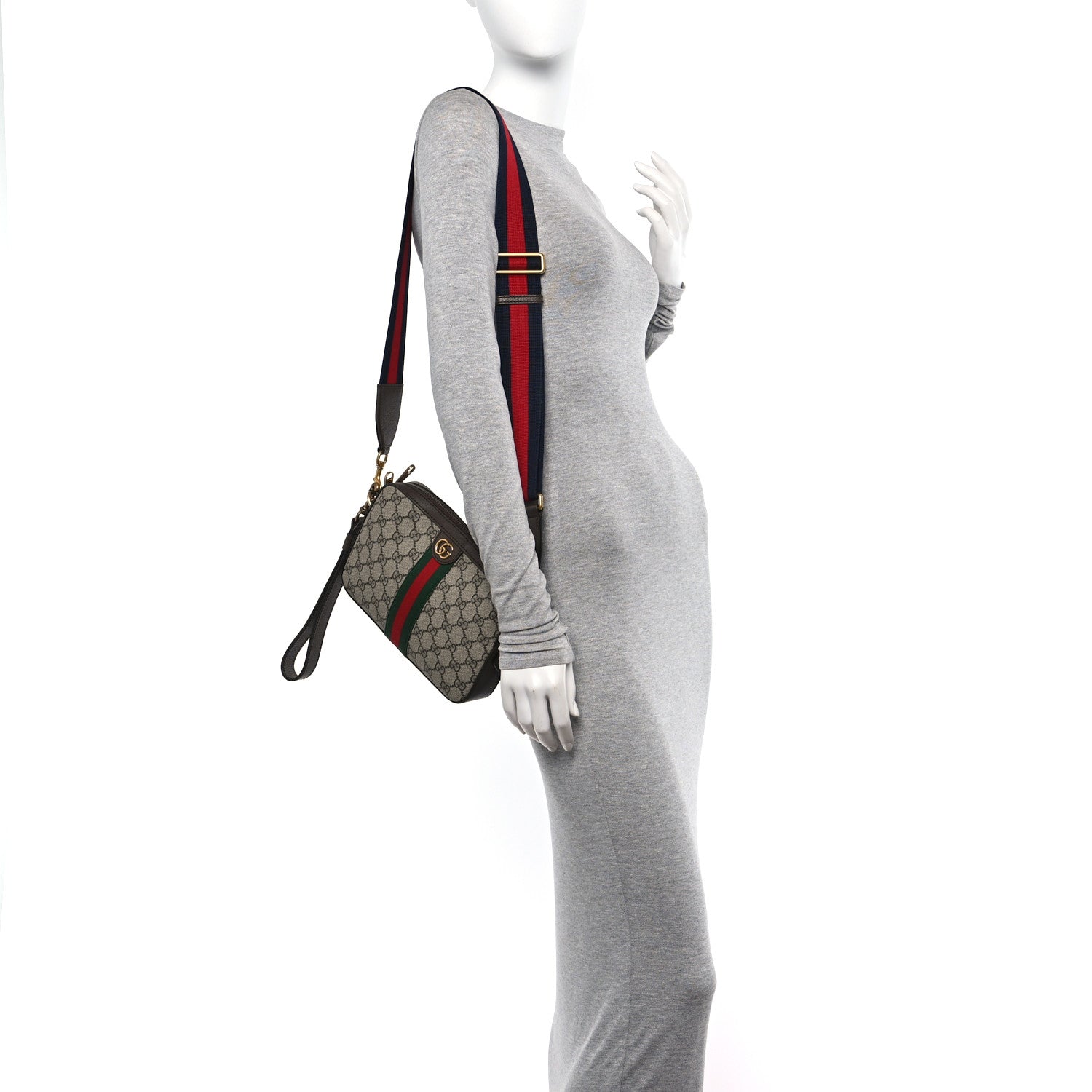 Gucci GG Supreme Monogram Textured Dollar Calfskin Web Ophidia Wristlet Shoulder Bag Beige Ebony New Acero 2 of 11