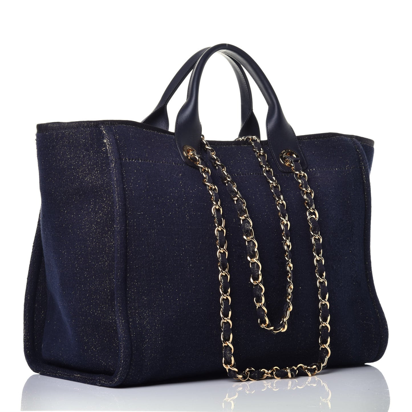 Lurex Canvas Medium Deauville Tote Navy Blue Gold