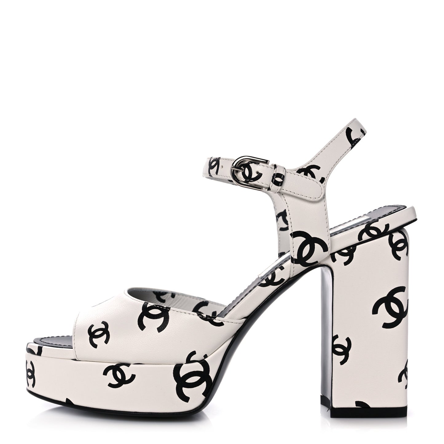 Printed Lambskin CC Platform Sandals 35 White Black