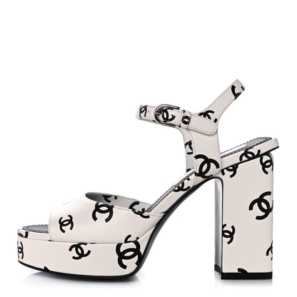 Chanel Printed Lambskin CC Platform Sandals 35 White Black 1 of 9