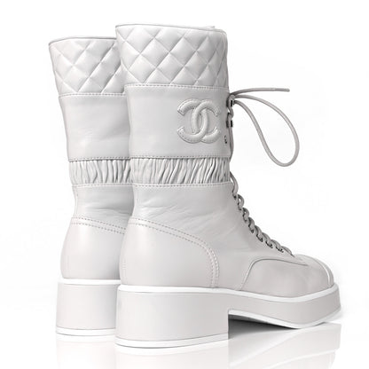 Chanel Lambskin Quilted Lace Up Combat Boots 38 White 4 of 7