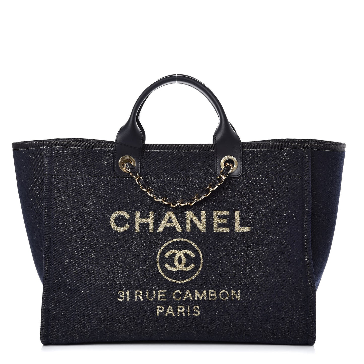 Lurex Canvas Medium Deauville Tote Navy Blue Gold