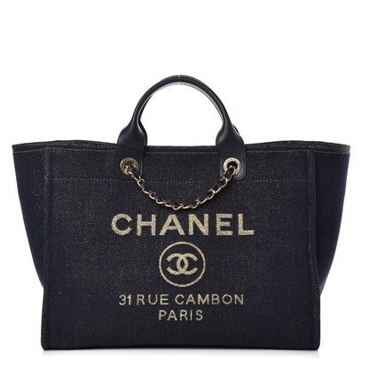 Chanel Lurex Canvas Medium Deauville Tote Navy Blue Gold 1 of 10
