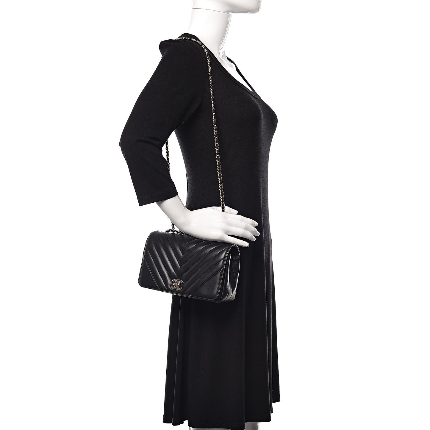 Calfskin Chevron Quilted Mini Statement Flap Black