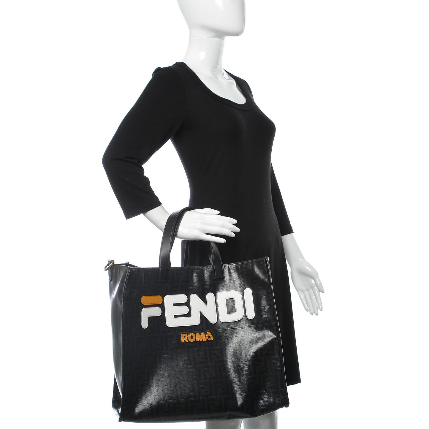 X FILA Glazed Fabric FF 1974 Mania Shopping Tote Bag Black White