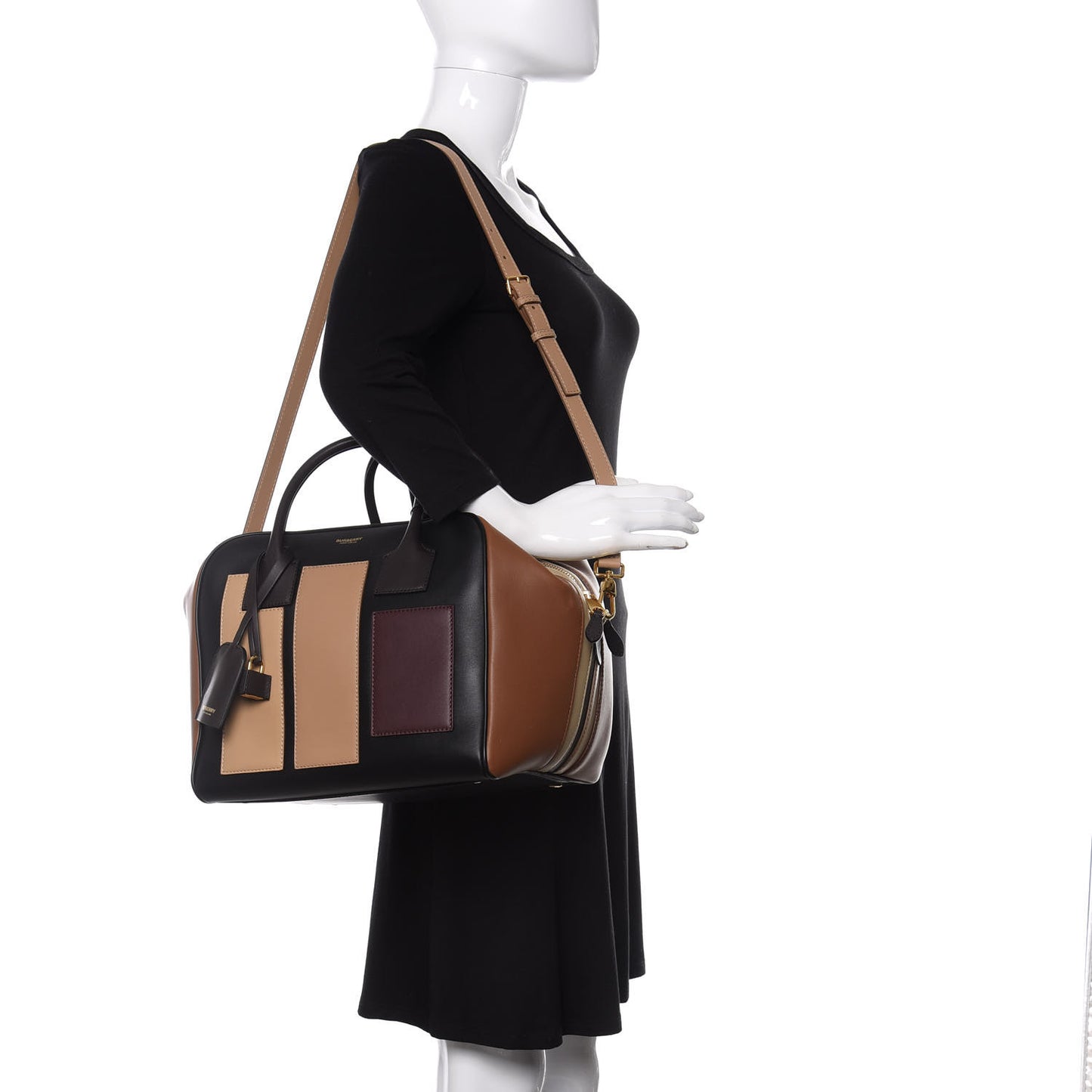 Smooth Calfskin Paneled Medium Cube Bowling Bag Black