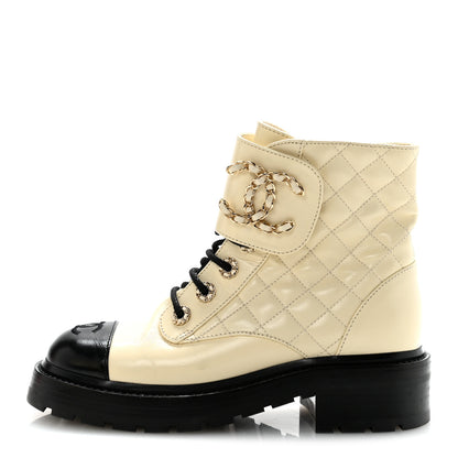 Chanel Shiny Goatskin Calfskin Quilted Lace Up Combat Boots 36 Ivory Black 1 of 18