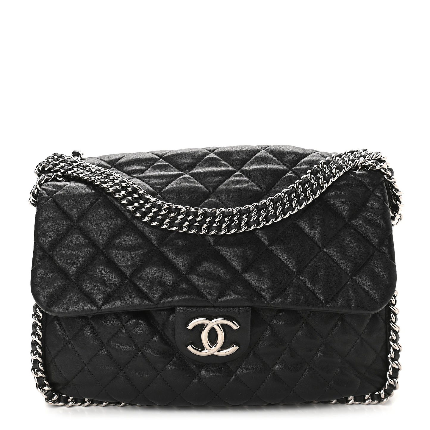 Washed Lambskin Quilted Maxi Chain Around Flap Black