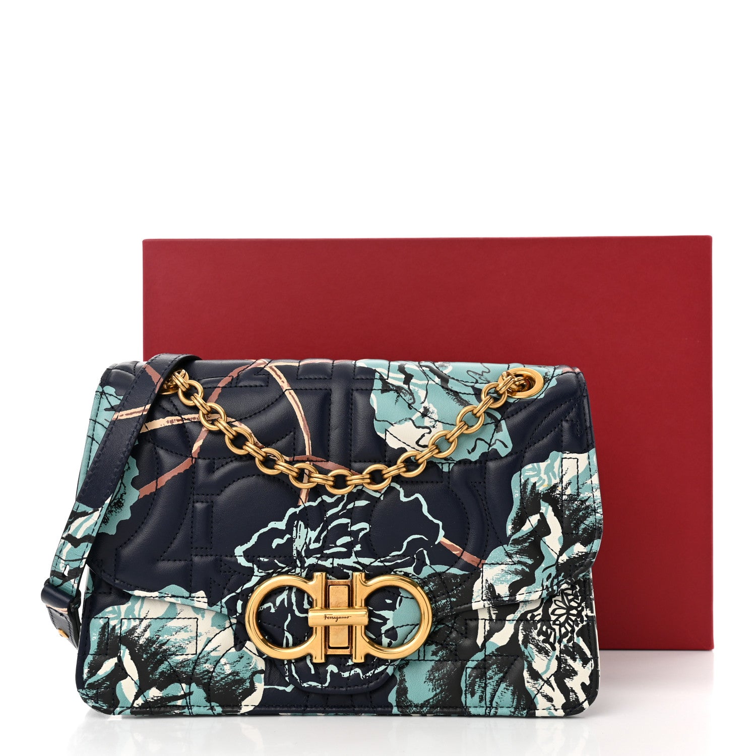 Salvatore Ferragamo Calfskin Quilted Floral Printed Gancini Flap Bag Blue Multicolor 11 of 11