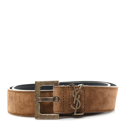 Saint Laurent Suede Monogram Square Buckle Belt 85 34 Tan Bronze 1 of 5