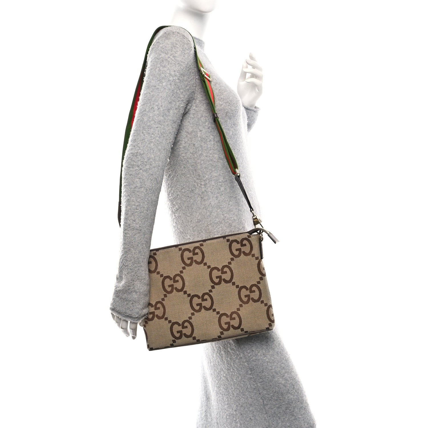 Gucci Monogram Jumbo GG Textured Dollar Calfskin Web Wristlet Messenger Bag Camel Ebony New Acero 2 of 11