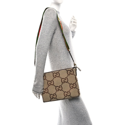 Gucci Monogram Jumbo GG Textured Dollar Calfskin Web Wristlet Messenger Bag Camel Ebony New Acero 2 of 11