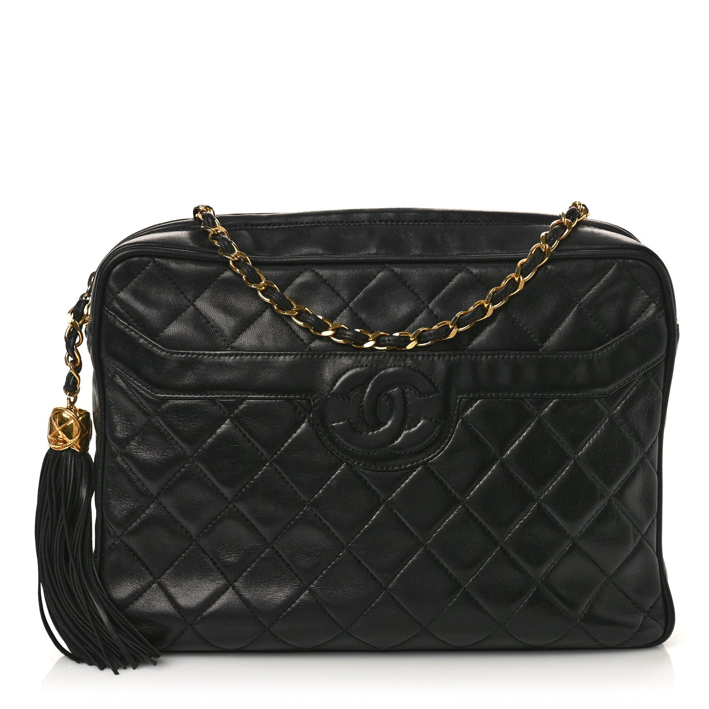 Lambskin Quilted CC Tassel Camera Case Black