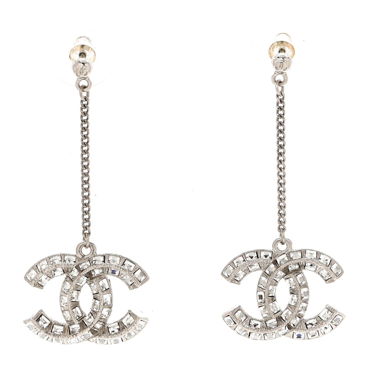 Baguette Crystal CC Drop Earrings Silver