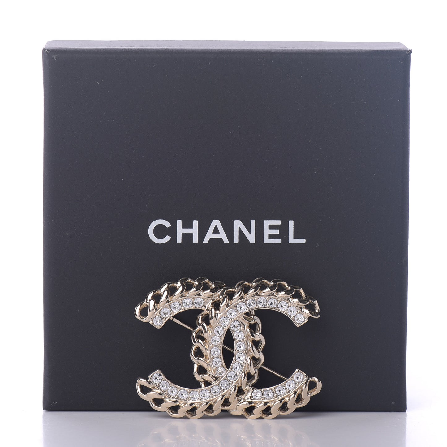 Crystal Chain CC Brooch Gold