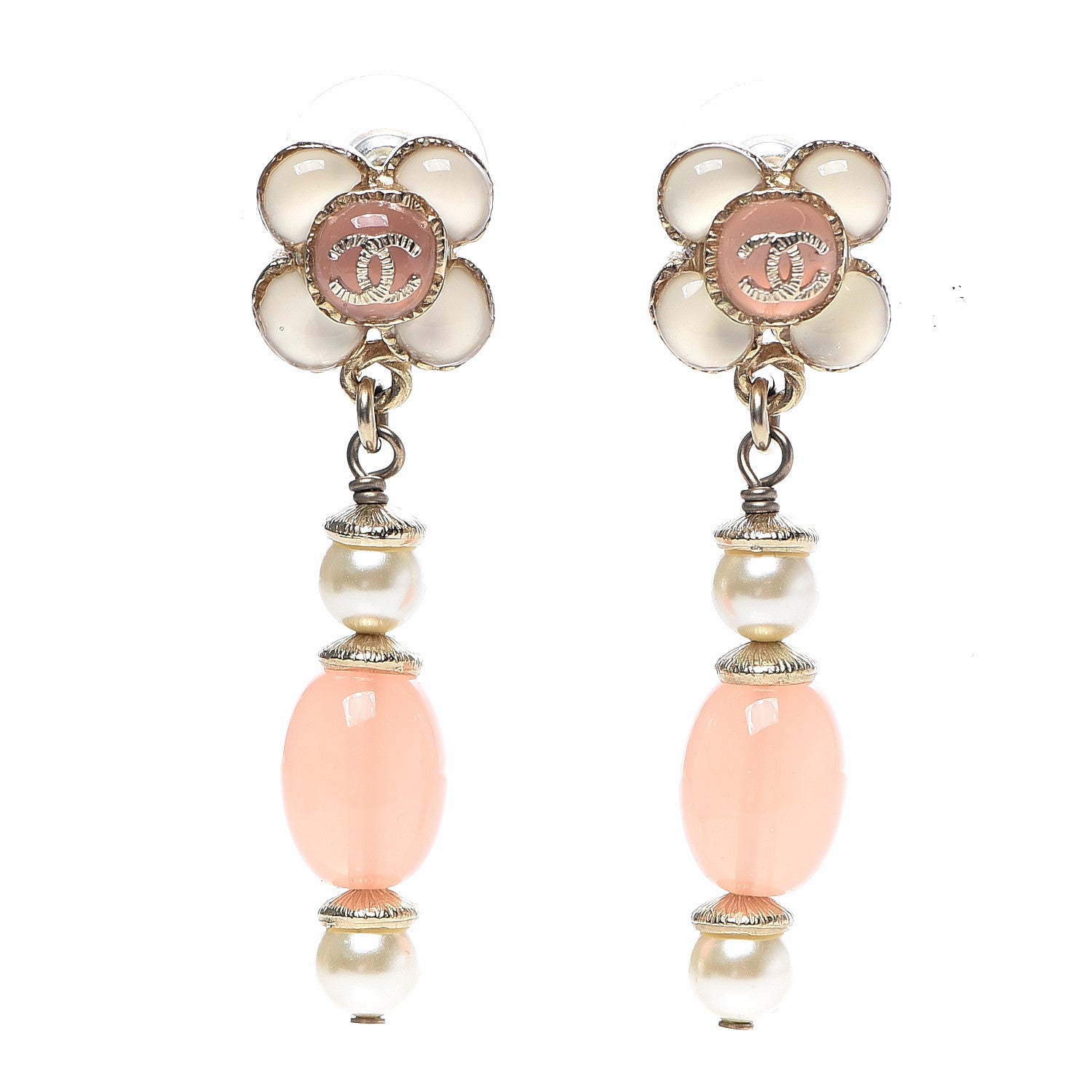 Chanel Resin Pearl CC Flower Drop Earrings Pink Beige 1 of 5
