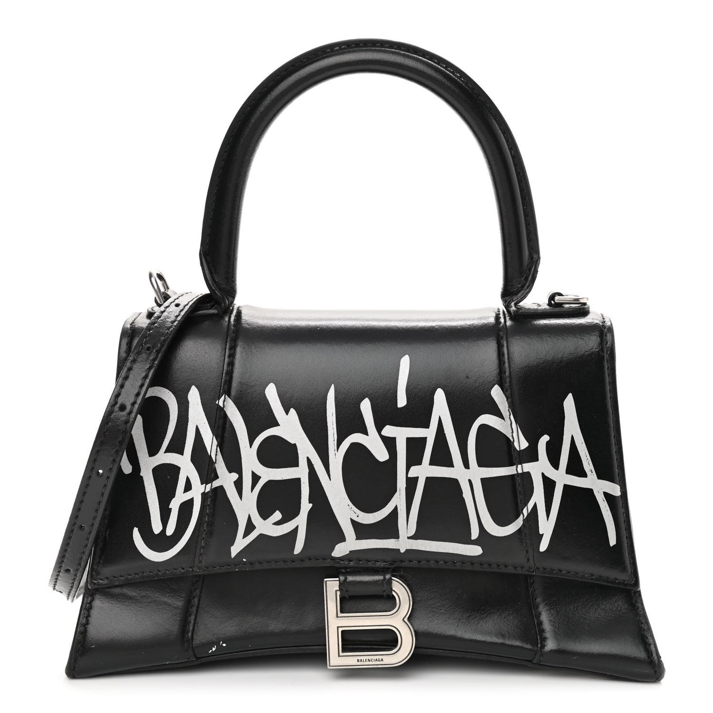 Shiny Box Calfskin Graffiti Logo Small Hourglass Top Handle Bag Black Silver