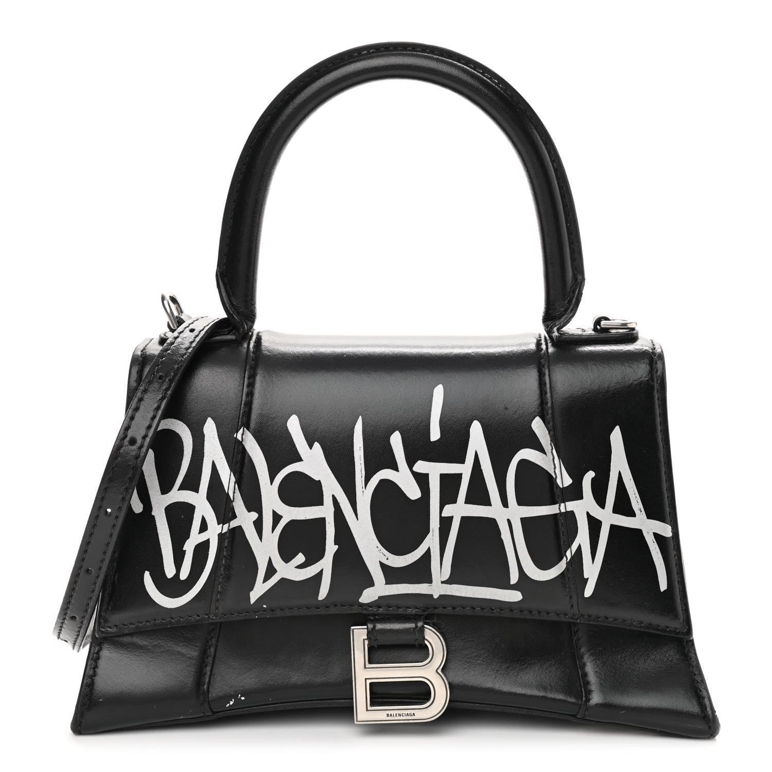 Balenciaga Shiny Box Calfskin Graffiti Logo Small Hourglass Top Handle Bag Black Silver 1 of 17