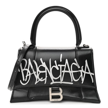 Balenciaga Shiny Box Calfskin Graffiti Logo Small Hourglass Top Handle Bag Black Silver 1 of 17