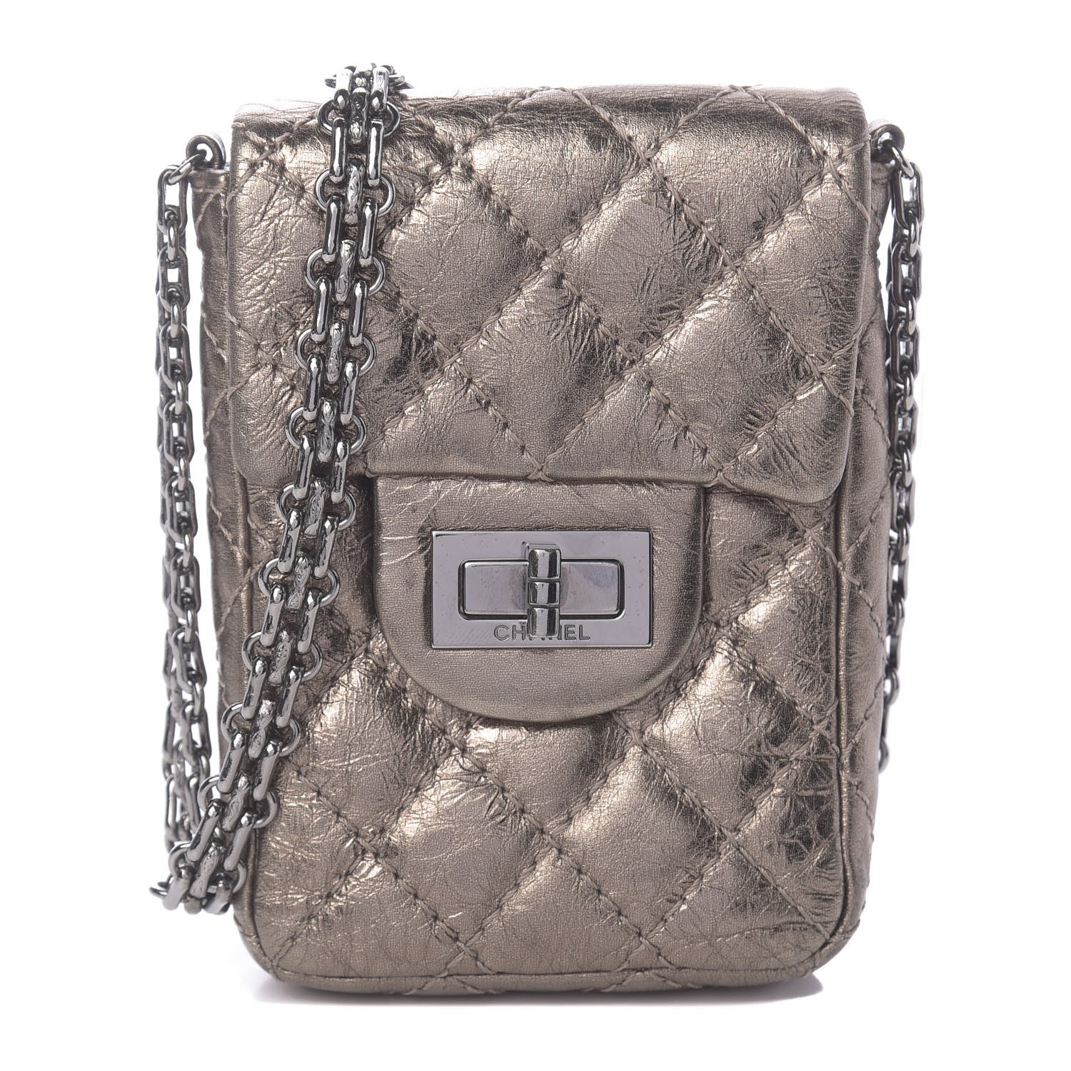 Chanel Metallic Aged Calfskin Quilted 2.55 Reissue Phone Case Dark Silver 1 of 9