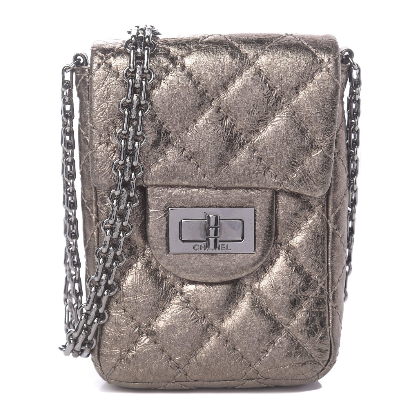 Metallic Aged Calfskin Quilted 2.55 Reissue Phone Case Dark Silver