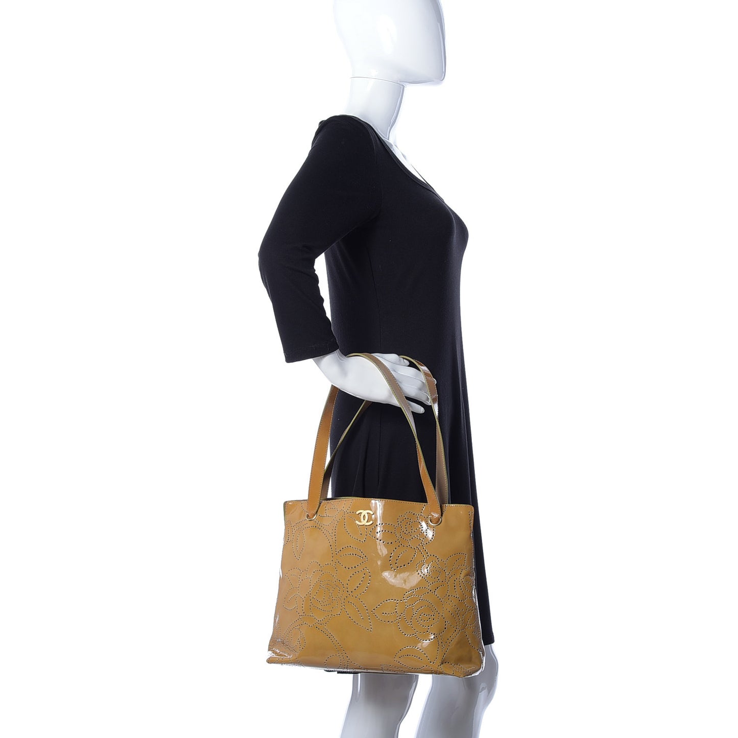 Patent Perforated Camellia Tote Beige