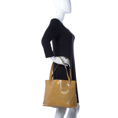 Chanel Patent Perforated Camellia Tote Beige 2 of 10