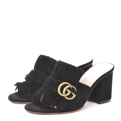 Gucci Kid Scamosciato GG Marmont Fringe 75mm Slide Sandals 36.5 Black 3 of 11
