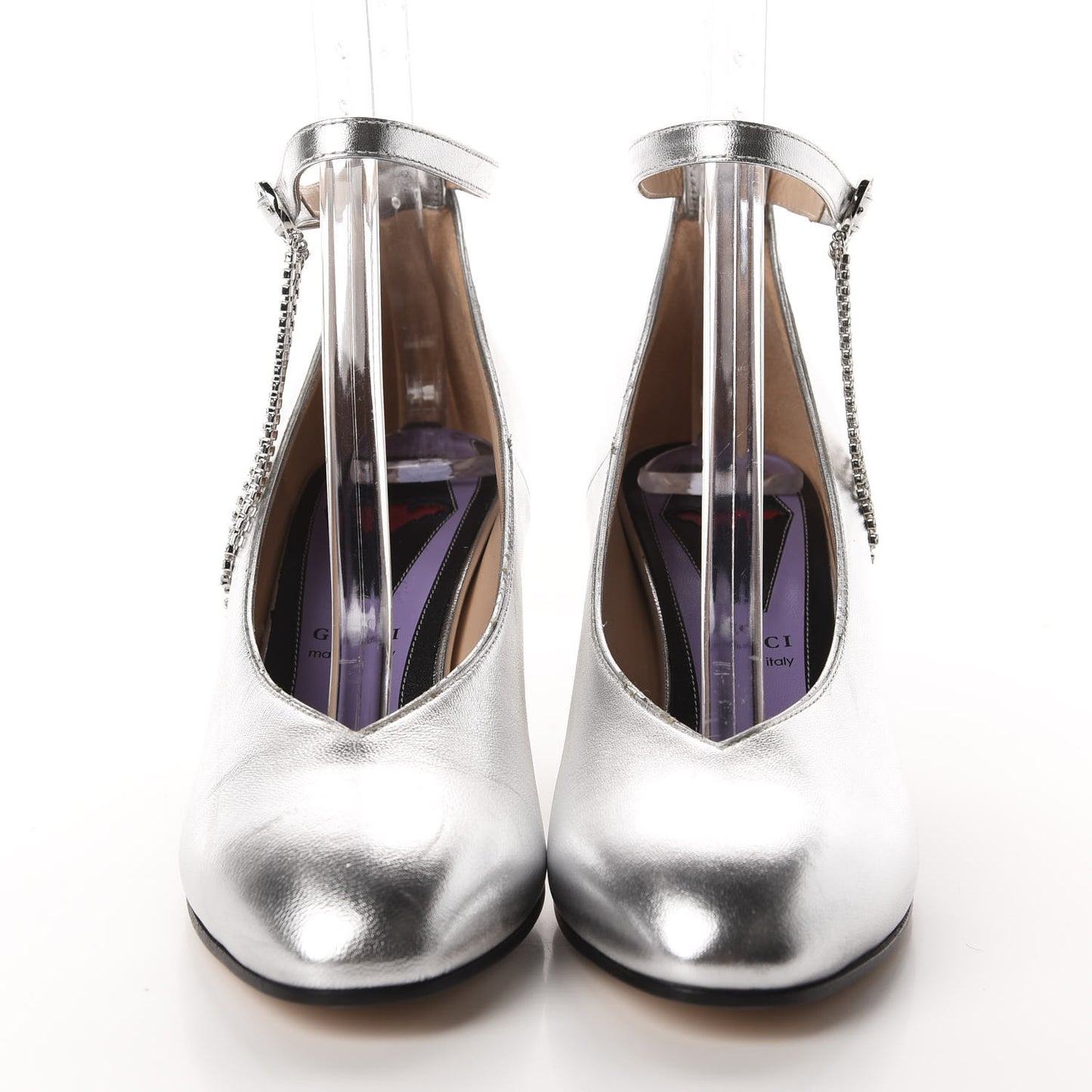 Metallic Nappa Crystal Square G Mid Heel Pumps 36 Silver