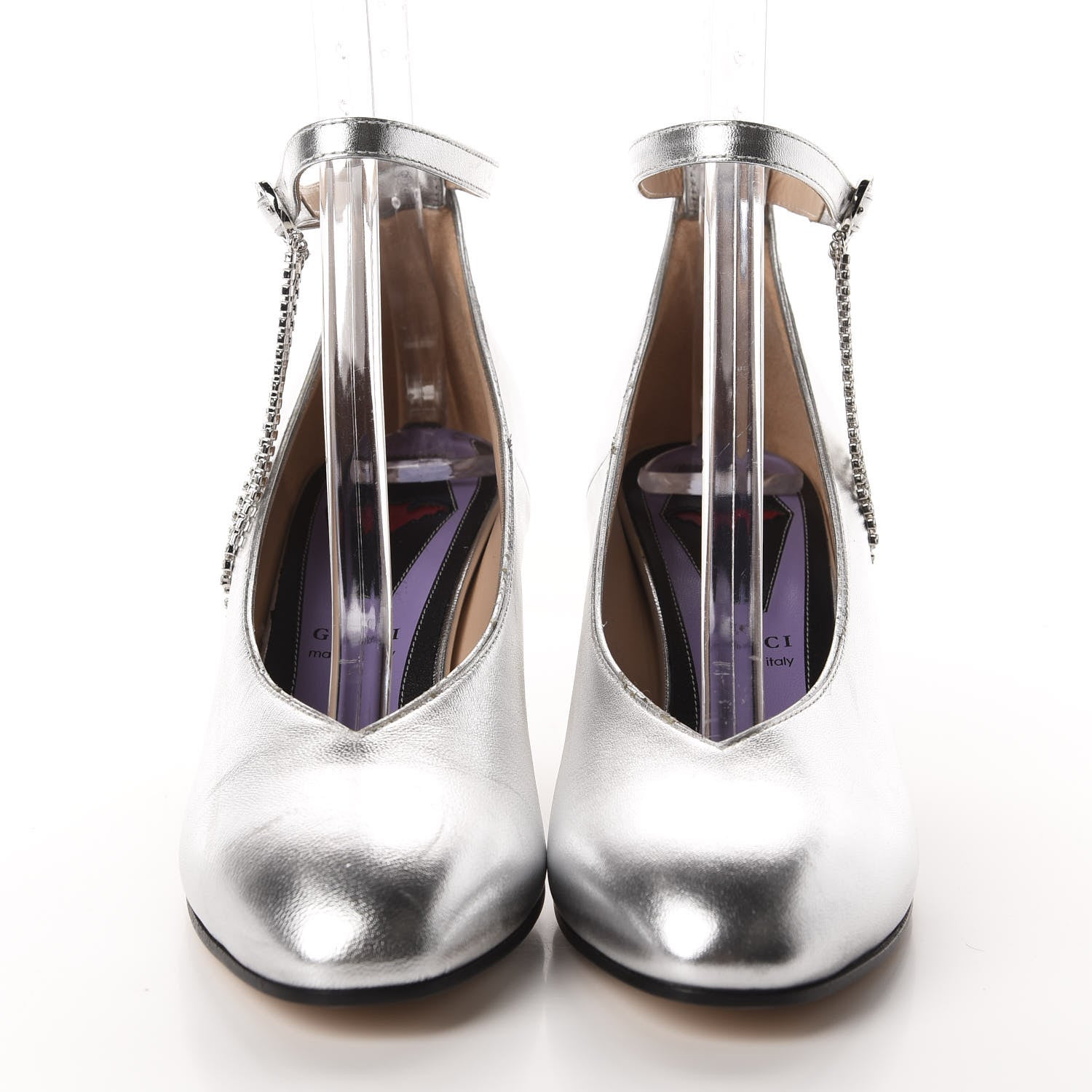 Gucci Metallic Nappa Crystal Square G Mid Heel Pumps 36 Silver 2 of 12